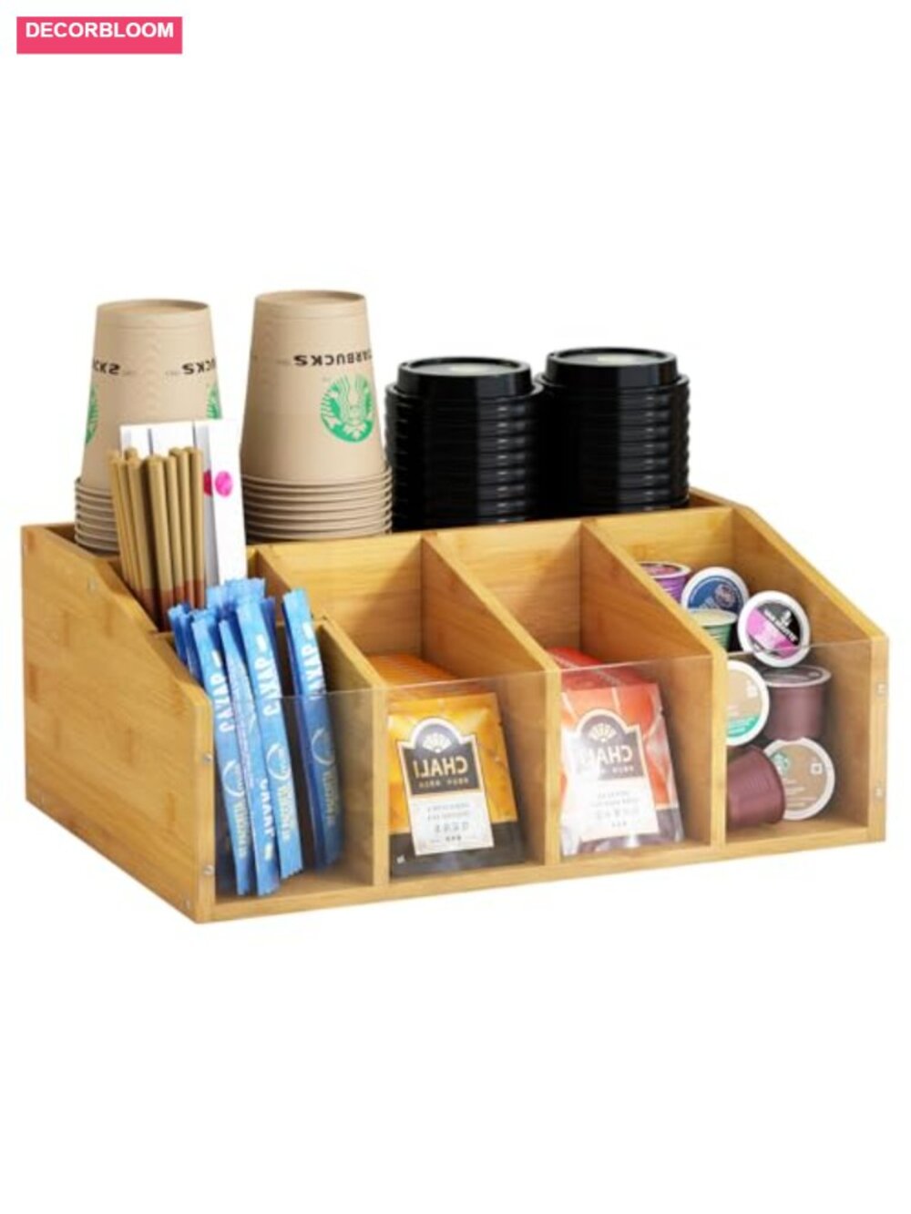 Farmhouse Coffee Station Organizer with Removable Dividers, Bamboo Countertop